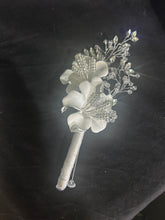 Load image into Gallery viewer, White flower wrist corsage and  Boutonniere set  wedding or Prom corsage. flower lily , Wedding Buttonhole Boutonnière by Crystal wedding uk
