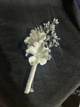 Load image into Gallery viewer, White flower wrist corsage and  Boutonniere set  wedding or Prom corsage. flower lily , Wedding Buttonhole Boutonnière by Crystal wedding uk