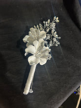 Load image into Gallery viewer, White flower wrist corsage and  Boutonniere set  wedding or Prom corsage. flower lily , Wedding Buttonhole Boutonnière by Crystal wedding uk