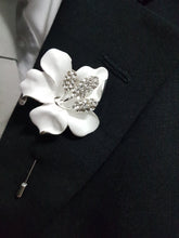 Load image into Gallery viewer, White Flower Boutonniere: Rhinestone Wedding Buttonhole