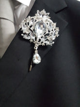 Load image into Gallery viewer, 10PCS Coutonniere, buttonhole. Ladies dress corsage, Groom,usher Silver brooch rhinestone drop, Wedding Buttonhole Pin by Crystal wedding uk