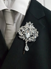 Load image into Gallery viewer, 10PCS Coutonniere, buttonhole. Ladies dress corsage, Groom,usher Silver brooch rhinestone drop, Wedding Buttonhole Pin by Crystal wedding uk