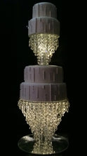 Load image into Gallery viewer, Crystal cake divider, diamante cake stand, chandelier wedding cake stand, faux-glass crystal plus led fairy lights by Crystal wedding uk