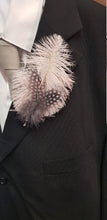Load image into Gallery viewer, Feather buttonhole Boutonnière , Ostrich and Guinea Fowl Spotted Feathers by Crystal wedding uk