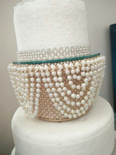Load image into Gallery viewer, Cake stand, Ivory Pearl and gold crystals, Drape design - round or square by Crystal wedding uk