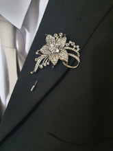 Load image into Gallery viewer, Crystal Flower Groom Boutonniere: Silver Wedding Lapel Pin