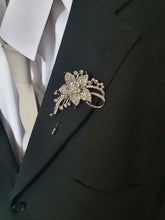 Load image into Gallery viewer, Crystal Flower Groom Boutonniere: Silver Wedding Lapel Pin