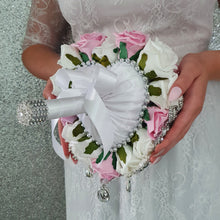 Load image into Gallery viewer, Heart shape brooch bouquet plus groom buttonhole artificial ,wedding flowers by Crystal wedding uk