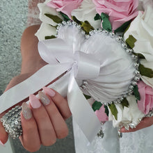 Load image into Gallery viewer, Heart shape brooch bouquet plus groom buttonhole artificial ,wedding flowers by Crystal wedding uk