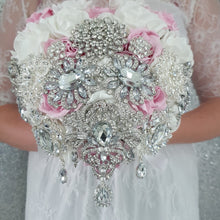 Load image into Gallery viewer, Heart shape brooch bouquet plus groom buttonhole artificial ,wedding flowers by Crystal wedding uk