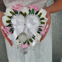 Load image into Gallery viewer, Heart shape brooch bouquet plus groom buttonhole artificial ,wedding flowers by Crystal wedding uk