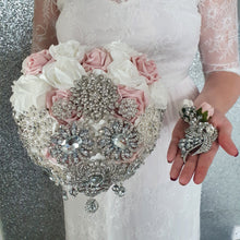 Load image into Gallery viewer, Heart shape brooch bouquet plus groom buttonhole artificial ,wedding flowers by Crystal wedding uk