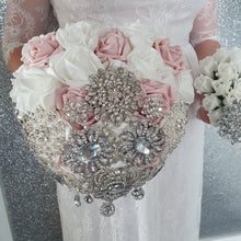 Load image into Gallery viewer, Heart shape brooch bouquet plus groom buttonhole artificial ,wedding flowers by Crystal wedding uk