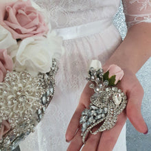 Load image into Gallery viewer, Heart shape brooch bouquet plus groom buttonhole artificial ,wedding flowers by Crystal wedding uk