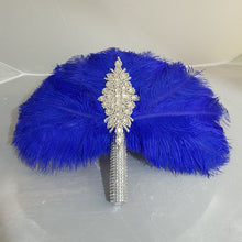 Load image into Gallery viewer, Royal blue feather fan bouquet, Great Gatsby wedding style 1920's - any colour as custom made by Crystal wedding uk