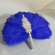 Load image into Gallery viewer, Royal blue feather fan bouquet, Great Gatsby wedding style 1920's - any colour as custom made by Crystal wedding uk