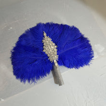 Load image into Gallery viewer, Royal blue feather fan bouquet, Great Gatsby wedding style 1920's - any colour as custom made by Crystal wedding uk