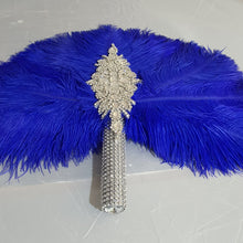 Load image into Gallery viewer, Royal blue feather fan bouquet, Great Gatsby wedding style 1920's - any colour as custom made by Crystal wedding uk