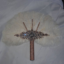 Load image into Gallery viewer, White feather fan , rose gold bouquet, Great Gatsby wedding style 1920's - any colour as custom made by Crystal wedding uk