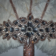 Load image into Gallery viewer, White feather fan , rose gold bouquet, Great Gatsby wedding style 1920's - any colour as custom made by Crystal wedding uk