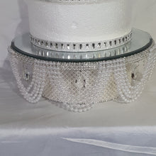 Load image into Gallery viewer, Pearl & Crystal Wedding Cake Stand: Rhinestone Drape, Mirror Top