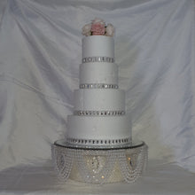 Load image into Gallery viewer, Pearl & Crystal Wedding Cake Stand: Rhinestone Drape, Mirror Top