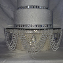 Load image into Gallery viewer, Pearl & Crystal Wedding Cake Stand: Rhinestone Drape, Mirror Top