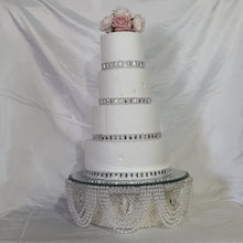 Load image into Gallery viewer, Pearl & Crystal Wedding Cake Stand: Rhinestone Drape, Mirror Top