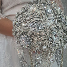 Load image into Gallery viewer, Crystal Brooch Wedding Bouquet: Silver jewel bridal Cascade Design