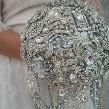 Load image into Gallery viewer, Crystal Brooch Wedding Bouquet: Silver jewel bridal Cascade Design