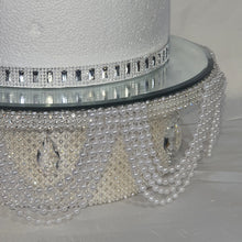 Load image into Gallery viewer, Pearl & Crystal Wedding Cake Stand: Rhinestone Drape, Mirror Top
