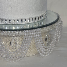 Load image into Gallery viewer, Pearl & Crystal Wedding Cake Stand: Rhinestone Drape, Mirror Top