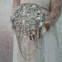 Load image into Gallery viewer, Crystal Brooch Wedding Bouquet: Silver jewel bridal Cascade Design