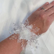 Load image into Gallery viewer, Snowflake wrist corsage for a Winter wedding Wrist Corsage - Winter Wedding Corsage -Perfect for a Christmas Wedding or Winter Formal event