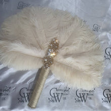 Load image into Gallery viewer, Ivory Feather Bridal Fan: Personalized Rhinestone Brooch Bouquet