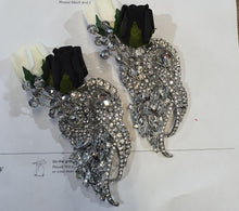 Load image into Gallery viewer, Crystal brooch buttonhole with ivory and black foam roses by Crystal wedding uk