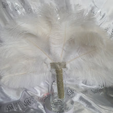 Load image into Gallery viewer, Feather fan in natural white and gold , Ostrich feather wedding fan custom made by Crystal wedding uk