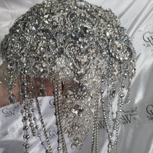 Load image into Gallery viewer, Brooch bouquet, 10" Jewel crystal wedding bouquet+ grooms buttonhole Crystal brides bouquet cascade Jewel bouquet by Crystal wedding uk