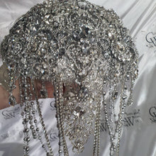 Load image into Gallery viewer, Crystal Brooch Wedding Bouquet: 10" Jewel Cascade, Grooms Buttonhole