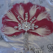 Load image into Gallery viewer, 16" Feather Bridal brooch Bouquet Ostrich Big Feather Fan Bridal Bouquet Ivory Great Gatsby 1920's wedding Crystal wedding uk