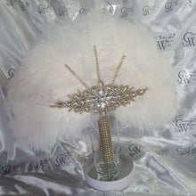 Load image into Gallery viewer, White Ostrich Feather Fan: Gold Rhinestone Crystal Wedding Bouquet