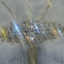 Load image into Gallery viewer, White Ostrich Feather Fan: Gold Rhinestone Crystal Wedding Bouquet