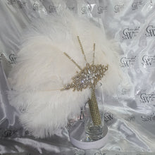 Load image into Gallery viewer, White Ostrich Feather Fan: Gold Rhinestone Crystal Wedding Bouquet