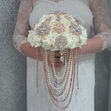 Load image into Gallery viewer, Rose gold Brooch and Pearl drape bouquet by Crystal wedding uk