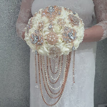 Load image into Gallery viewer, Rose gold Brooch and Pearl drape bouquet by Crystal wedding uk