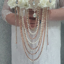 Load image into Gallery viewer, Rose gold Brooch and Pearl drape bouquet by Crystal wedding uk