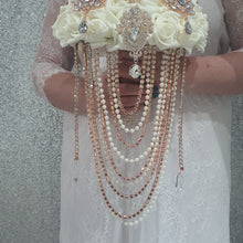 Load image into Gallery viewer, Rose gold Brooch and Pearl drape bouquet by Crystal wedding uk