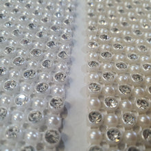 Load image into Gallery viewer, Diamante & pearl ribbon string style banding for wedding cake decoration 1 yard - White or Ivory by Crystal wedding uk