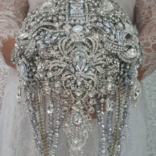 Load image into Gallery viewer, Brooch bouquet, 10" Jewel crystal wedding bouquet+ grooms buttonhole Crystal brides bouquet cascade Jewel bouquet by Crystal wedding uk