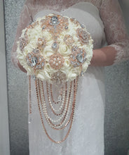Load image into Gallery viewer, Rose gold Brooch and Pearl drape bouquet by Crystal wedding uk